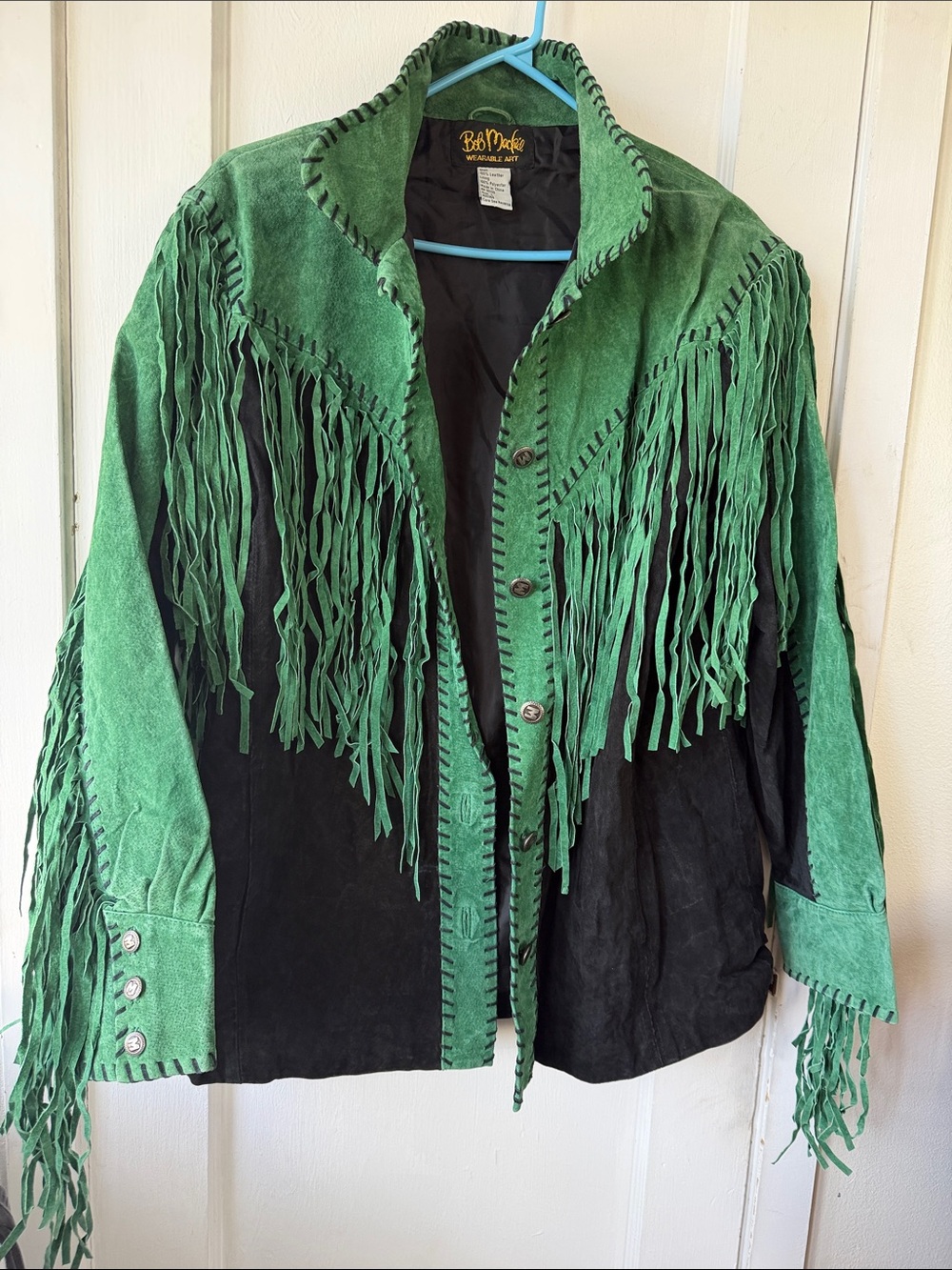 Bob Mackie Green and Black Suede Fringe Jacket